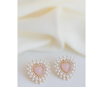 Brinco Coração Quartzo Rosa com Pérolas
