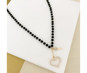 Colar Cristal pingente Coração Cravejado