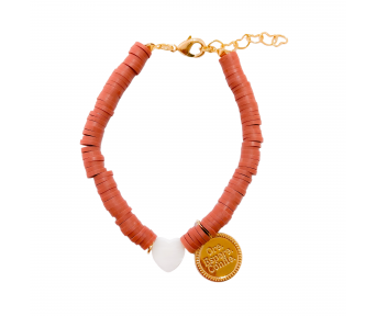 Pulseira Fimo Rosa Pingente Medalha e Coração Madrepérola