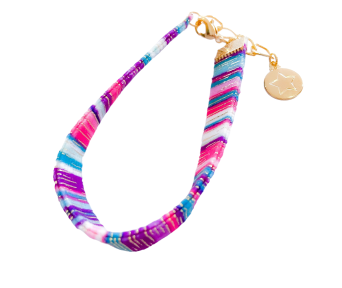 Pulseira  Cordão Poliéster Rosa Roxo Azul  Pingente Medalha Estrela