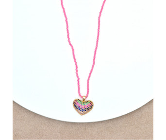 Colar Mini Cristal Rosa Pingente Coração Cravejado Colors