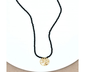 Colar Cristal Preto Pingente Medalha Arvore da Vida