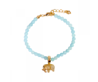 Pulseira Pedra Natural Jade Azul Pingente Elefante Cravejado