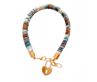 Pulseira  Cordão Poliéster Azul Dourado Branco Pingente Cadeado Formado de Coração