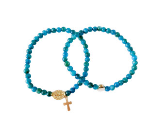 Pulseira Dupla Jade Azul Pingente Coração e São Bento