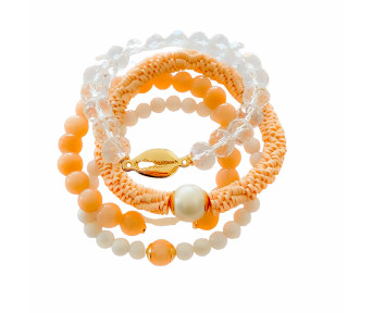 Pulseira Quadrupla Laranja Pedra Natural, Fimo e Cristal