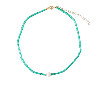 Choker Mini Cristais Verde com Pingente Pérola Água Doce